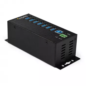 StarTech.com 7-Port USB 3.0 Hub mit Netzteil – Metall-Industrie-USB-A-Hub mit ESD- und 350-W-Überspannungsschutz – DIN-/Wand-/Tischmontage – Hochgeschwindigkeits-USB 3.2 Gen 1 (5 Gbit/s) Hub – TAA