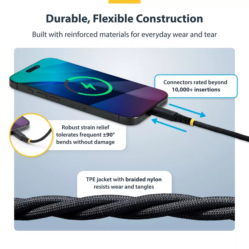 StarTech.com 1m (3ft) USB-C-Ladekabel, 60W (3A) PD, doppellagiger geflochtener Nylon/TPE-Mantel, robustes USB-C-Ladekabel, USB 2.0 Laptop-Ladegerätkabel