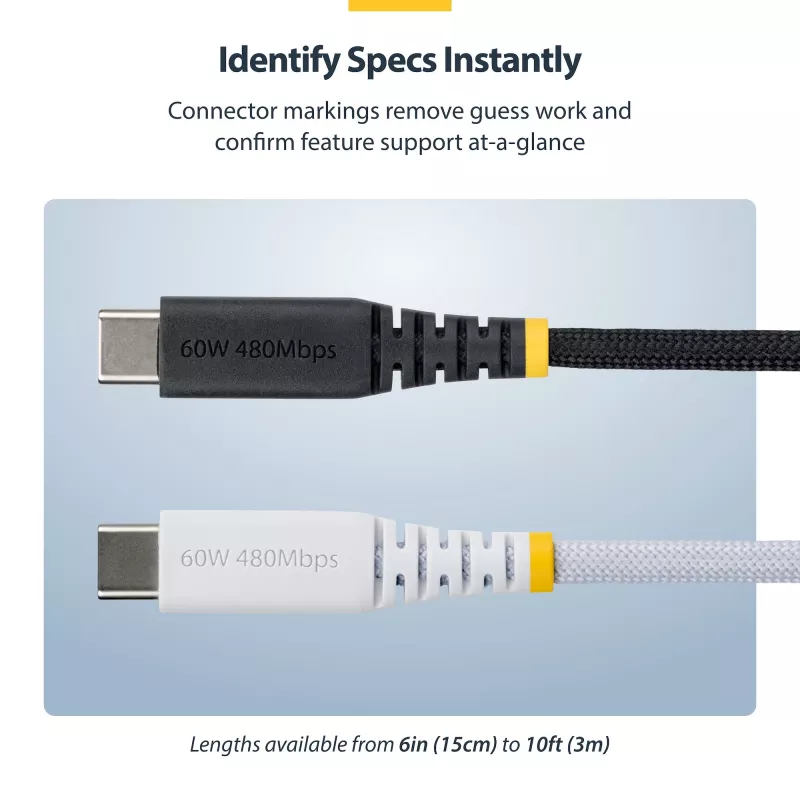 StarTech.com 1m (3ft) USB-C-Ladekabel, 60W (3A) PD, doppellagiger geflochtener Nylon/TPE-Mantel, robustes USB-C-Ladekabel, USB 2.0 Laptop-Ladegerätkabel