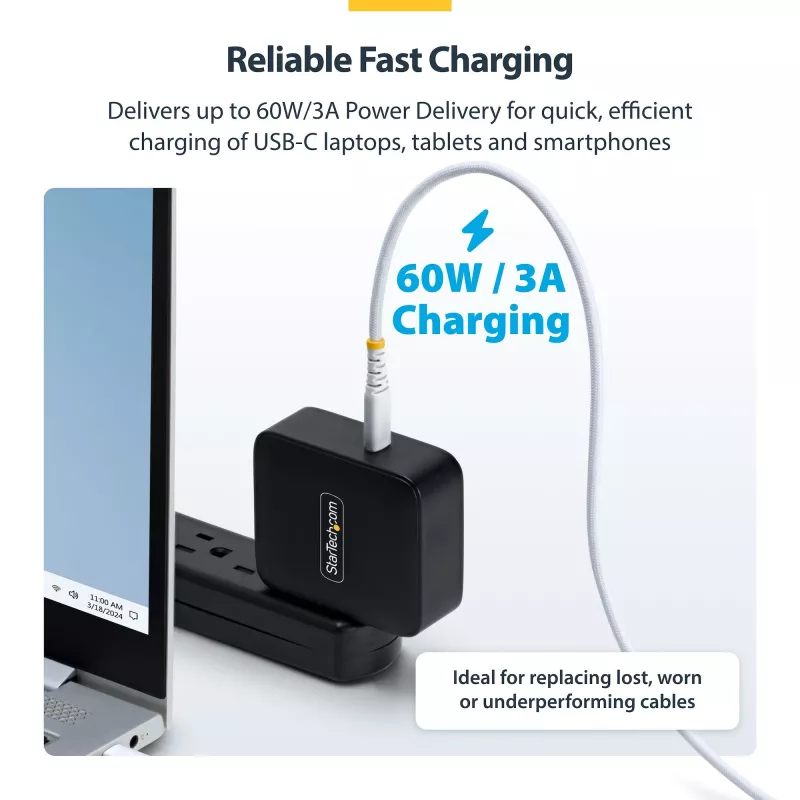 StarTech.com 1m (3ft) Weißes USB-C-Ladekabel, 60W (3A) PD, doppellagiges Nylon-/TPE-Geflecht, robustes USB-C-Ladekabel, USB 2.0 Laptop-Ladekabel