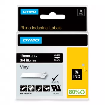 DYMO Rhino Industrie-Vinyletiketten | 19 mm x 5,5 m | Weißer Druck auf Schwarz | Selbstklebend | für LabelManager & Rhino Etikettendrucker