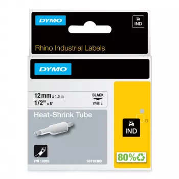 DYMO Rhino Industrial Heat-Shrink Kabel Label Tubes | 12mm x 1,5m | Schwarzer Druck auf Weiß | für Rhino Label Makers