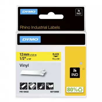 DYMO Rhino Industrial Vinyl Labels | 12 mm x 5,5 m | Schwarzer Druck auf Gelb | Selbstklebend | für Rhino & LabelManager Etikettendrucker