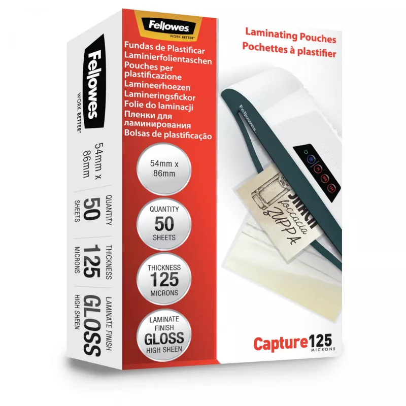 Fellowes Glossy 125 Micron Kartenlaminiertaschen - 54x86mm, glänzend, transparent, 0,125 mm, 86 mm, 1 mm, 54 mm