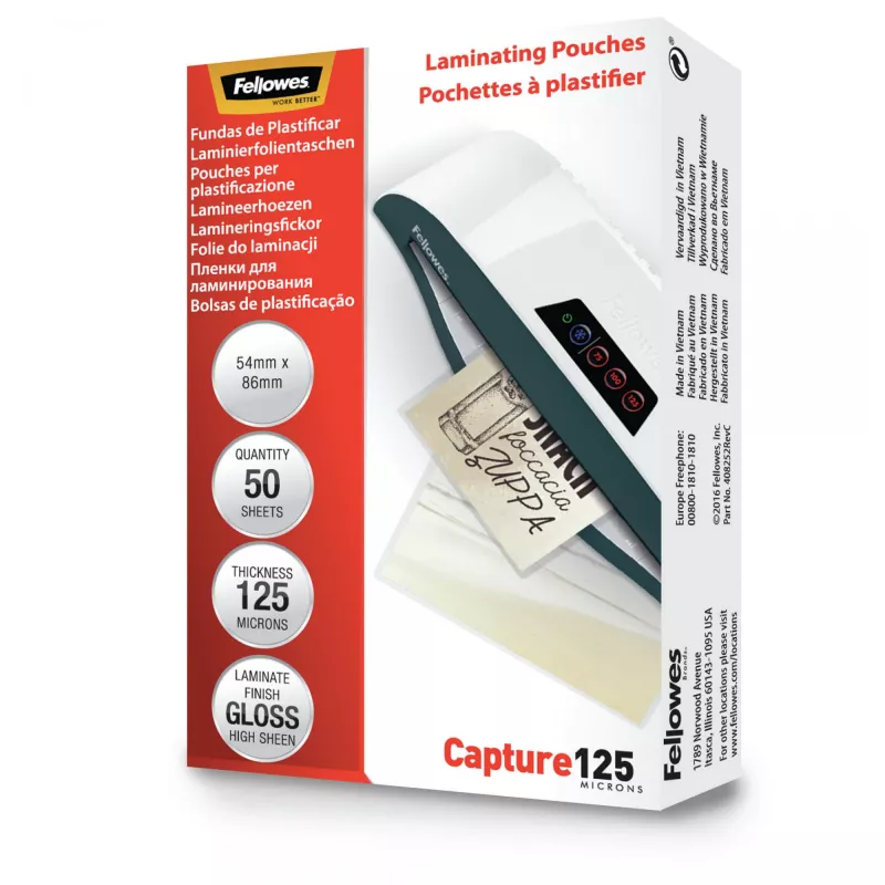 Fellowes Glossy 125 Micron Kartenlaminiertaschen - 54x86mm, glänzend, transparent, 0,125 mm, 86 mm, 1 mm, 54 mm