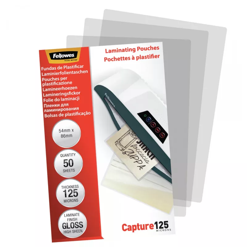 Fellowes Glossy 125 Micron Kartenlaminiertaschen - 54x86mm, glänzend, transparent, 0,125 mm, 86 mm, 1 mm, 54 mm