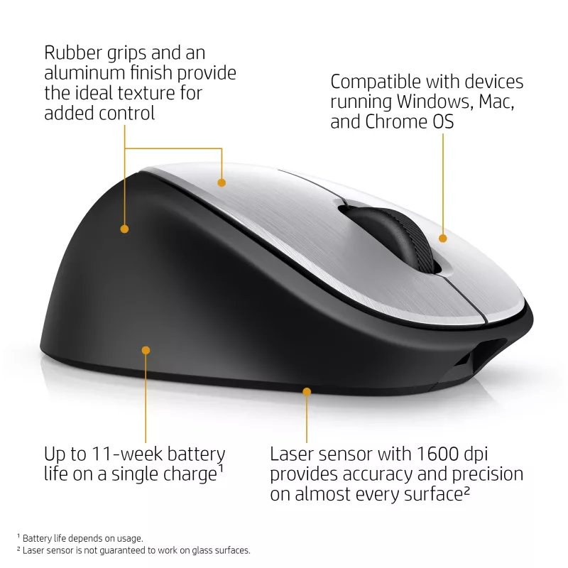 HP ENVY Rechargeable Maus 500, beidhändig, Laser, RF Wireless, 1600 DPI, Schwarz, Grau
