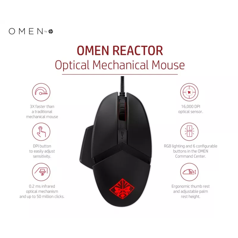 HP OMEN by Reactor Maus, Rechtshänder, Optisch, USB Typ-A, 16000 DPI, 0,2 ms, Schwarz