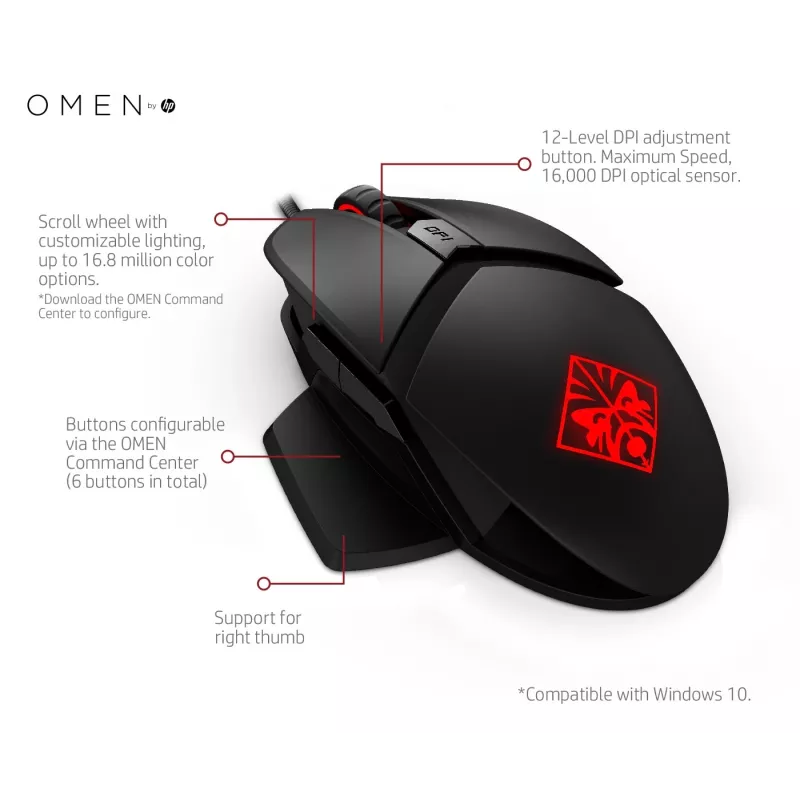 HP OMEN by Reactor Maus, Rechtshänder, Optisch, USB Typ-A, 16000 DPI, 0,2 ms, Schwarz
