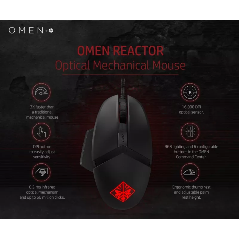 HP OMEN by Reactor Maus, Rechtshänder, Optisch, USB Typ-A, 16000 DPI, 0,2 ms, Schwarz