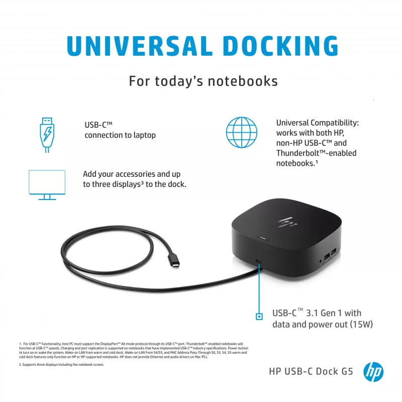 HP USB-C Dock G5, kabelgebunden, USB 3.2 Gen 1 (3.1 Gen 1) Type-C, Schwarz, Schwarz, China, Thailand, Mexiko, HP