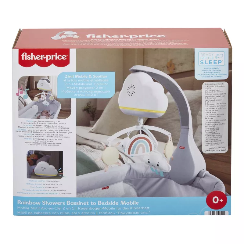 Fisher-Price Rainbow Showers Beistellbett-Bett-Mobile, Kinderbett, Klang, Nachtlicht, integrierter Timer, Stoff, Kunststoff