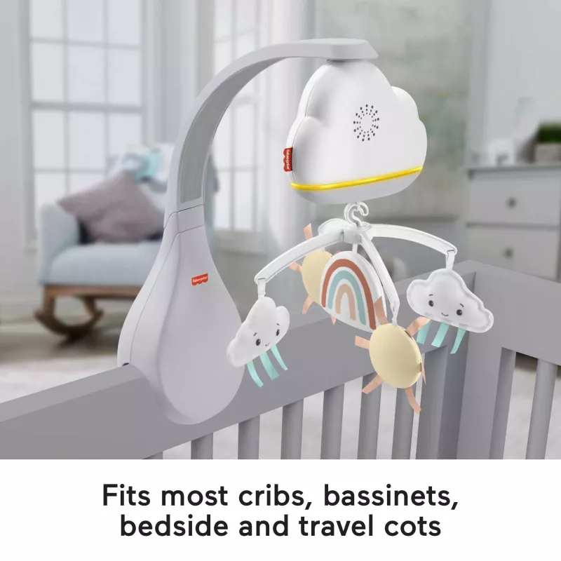 Fisher-Price Rainbow Showers Beistellbett-Bett-Mobile, Kinderbett, Klang, Nachtlicht, integrierter Timer, Stoff, Kunststoff