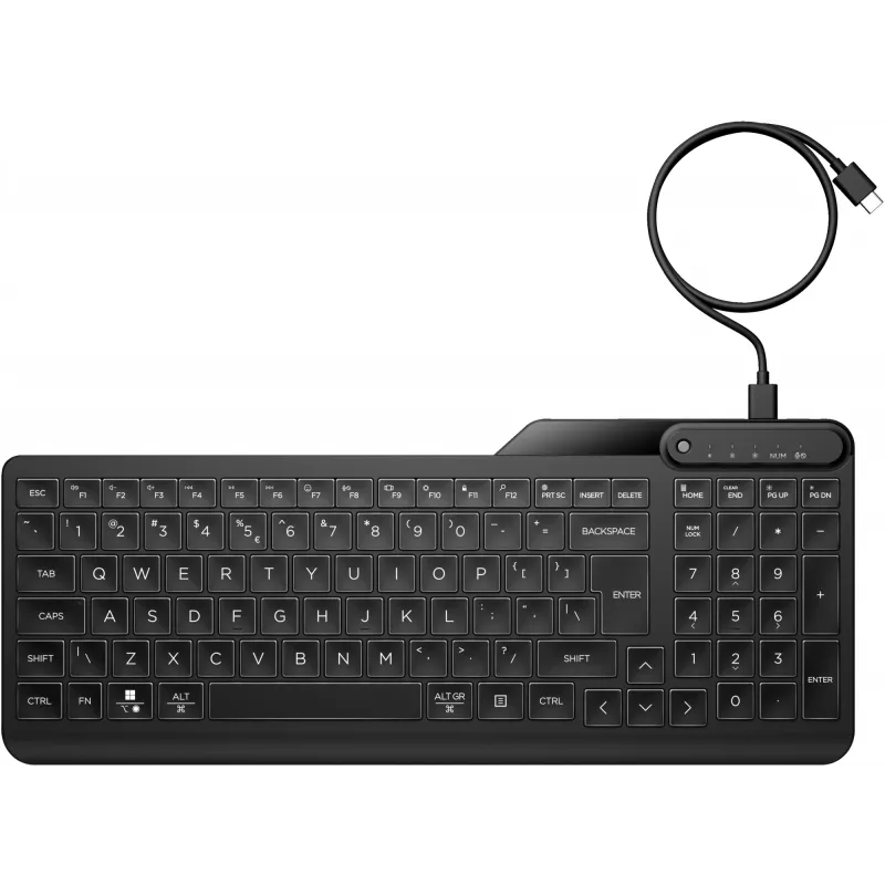 HP 405 Multi-Device kabelgebundene Tastatur mit Hintergrundbeleuchtung, Full-Size (100 %), kabelgebunden, USB, Membran, Schwarz