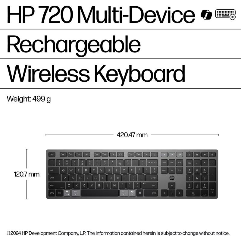 HP 720 Multi-Device Wiederaufladbare drahtlose Tastatur, Full-size (100%), Drahtlos, USB + Bluetooth, Mechanisch, QWERTY, Schwarz