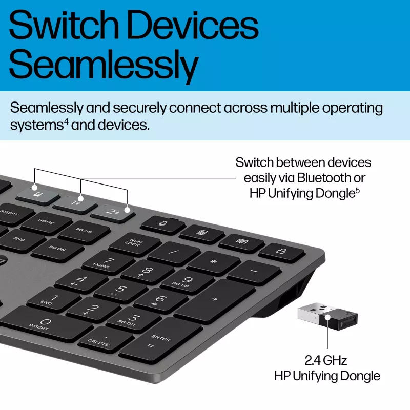 HP 720 Multi-Device Wiederaufladbare drahtlose Tastatur, Full-size (100%), Drahtlos, USB + Bluetooth, Mechanisch, QWERTY, Schwarz