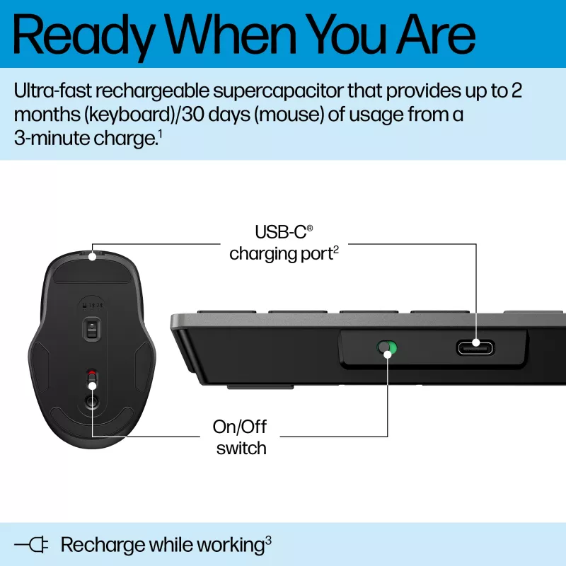 HP 725 Multi-Device Wiederaufladbares Wireless Tastatur-Maus-Set Full-Size Wireless Bluetooth