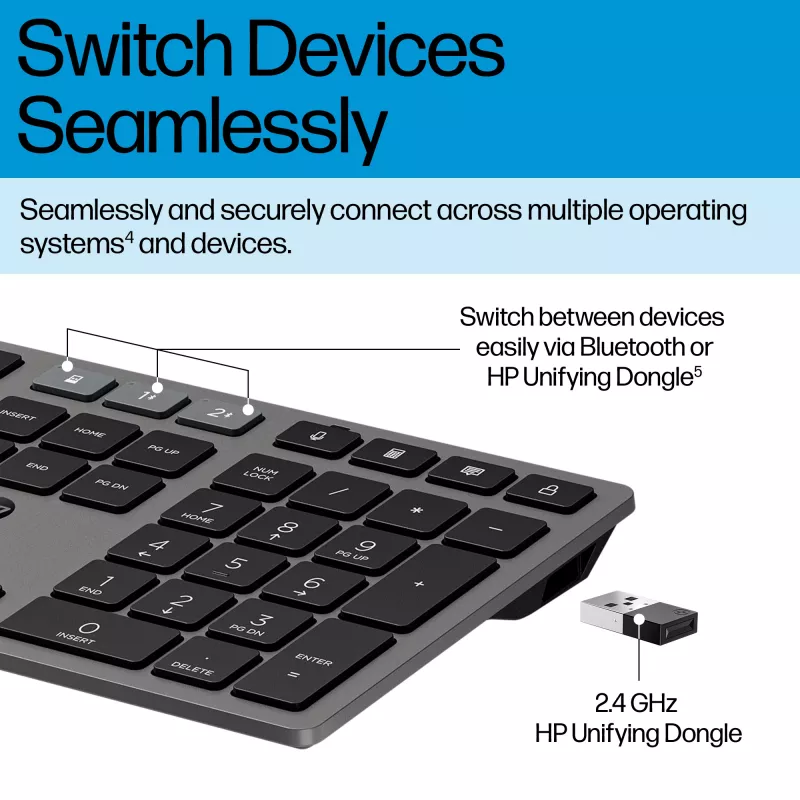 HP 725 Multi-Device Wiederaufladbares Wireless Tastatur-Maus-Set Full-Size Wireless Bluetooth