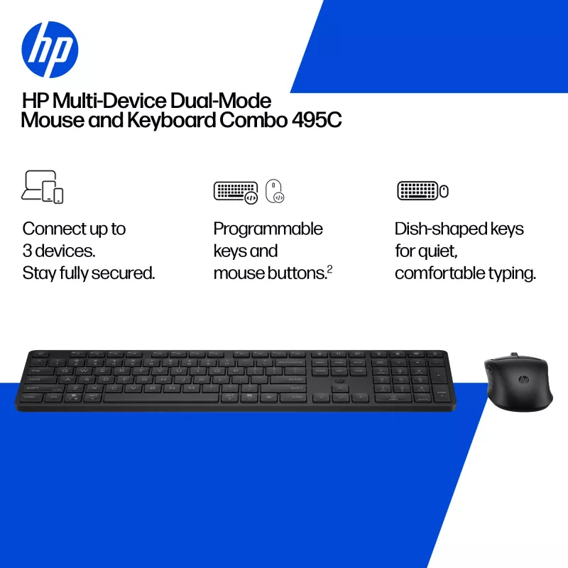 HP Multi-Device Dual-Mode Maus- und Tastatur-Kombination 495C, Full-Size (100%), Kabellos, USB + RF Wireless + Bluetooth, Weiß, Maus inklusive