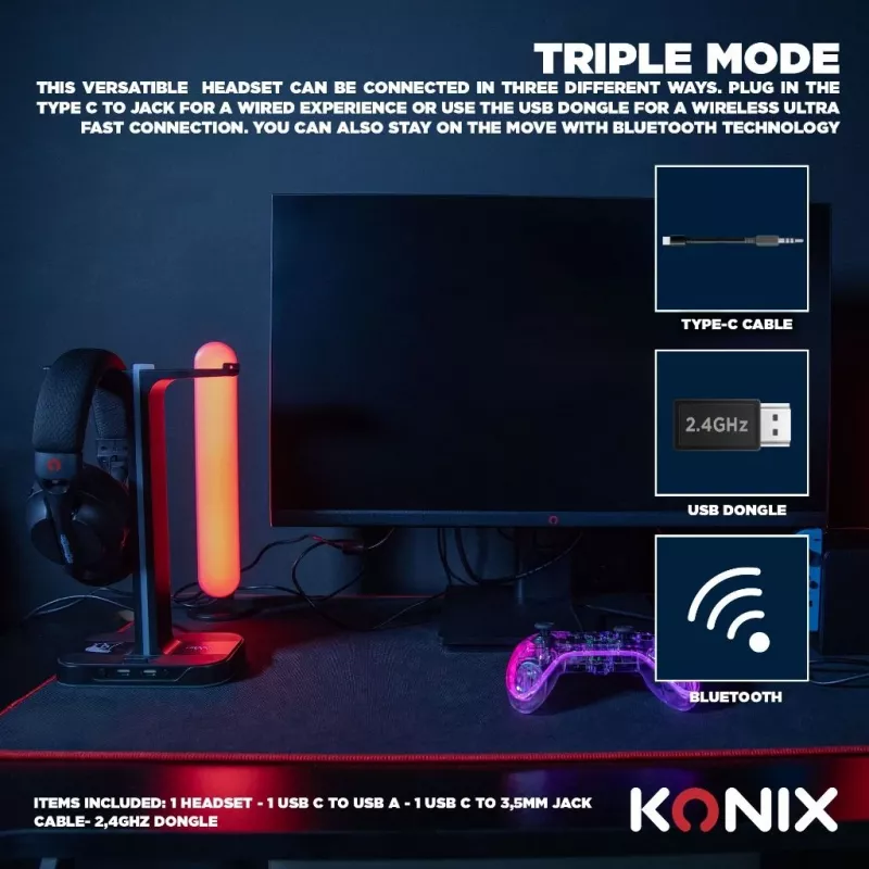Konix PULSAR Headset Kabelgebunden & Kabellos Kopfbügel Gaming USB Typ-C Bluetooth Schwarz