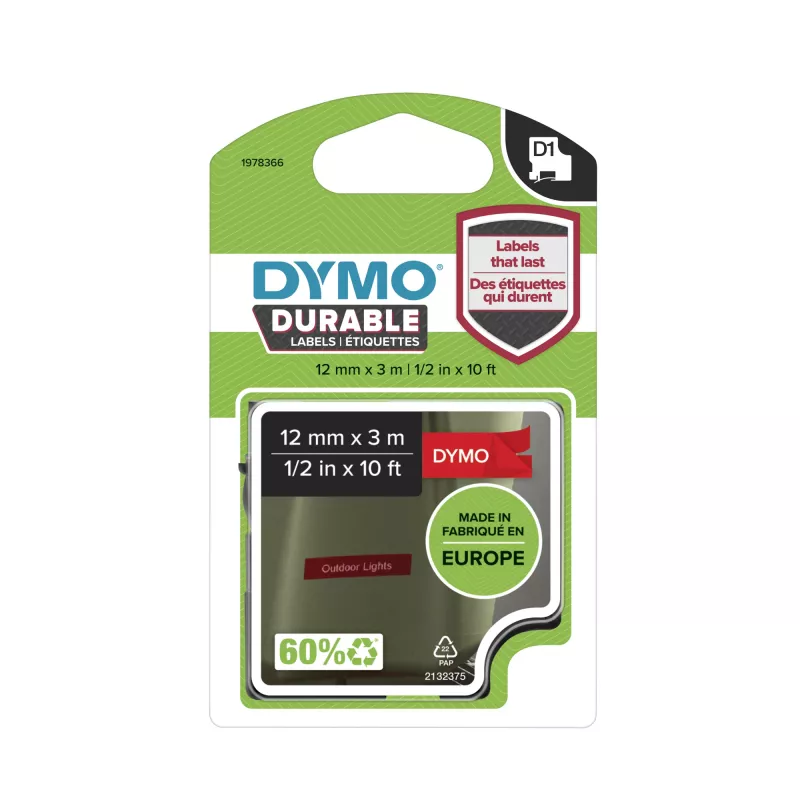 DYMO Authentic D1 Durable Labels | Schwarzer Druck auf rotem Band | 12 mm x 3 m | Beschriftungsband für LabelManager Etikettendrucker