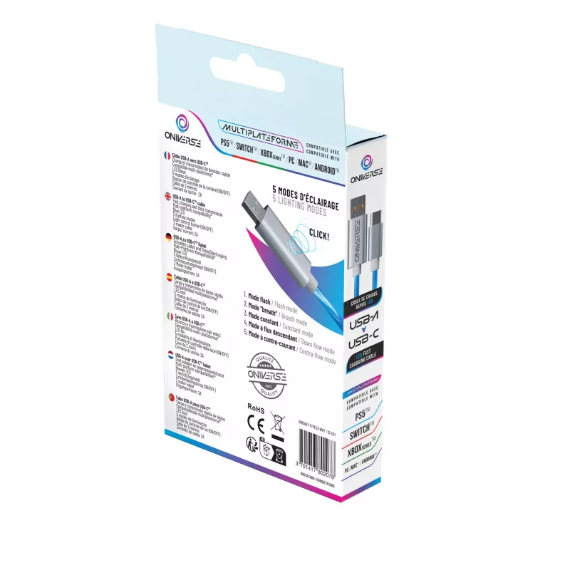 Oniverse USB-A auf USB-C Quick Charge Kabel mit LED - 2 Meter - Weiß (Multiplattform)