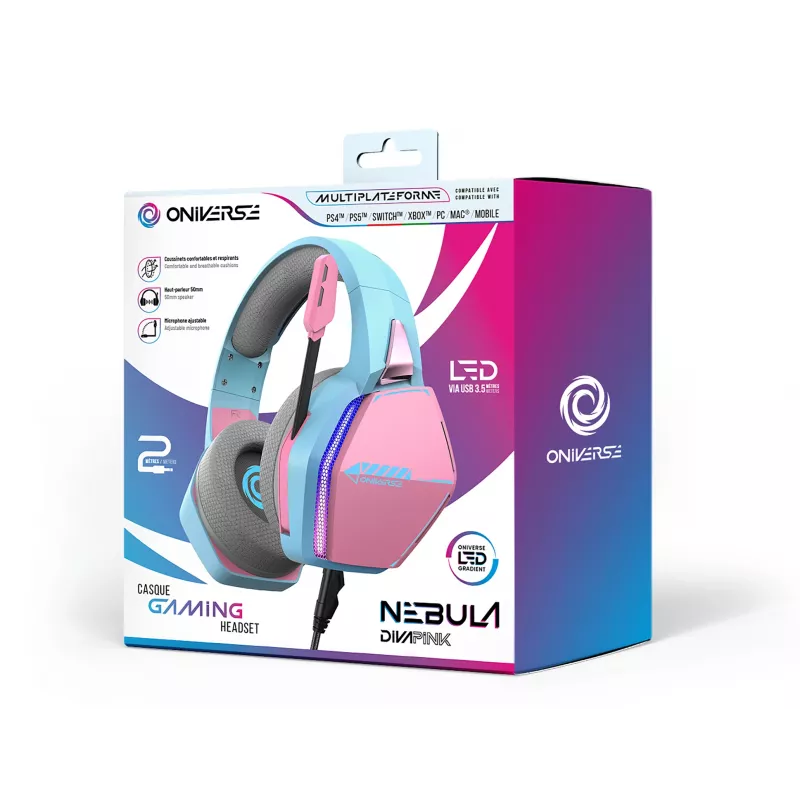 Oniverse Gaming Headset Nebula - Diva Pink (Multiplattform), Kabelgebunden, Gaming, 20 - 20000 Hz, 356 g, Headset, Cyan, Pink