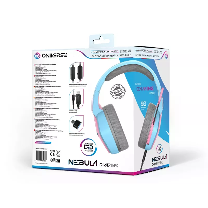 Oniverse Gaming Headset Nebula - Diva Pink (Multiplattform), Kabelgebunden, Gaming, 20 - 20000 Hz, 356 g, Headset, Cyan, Pink