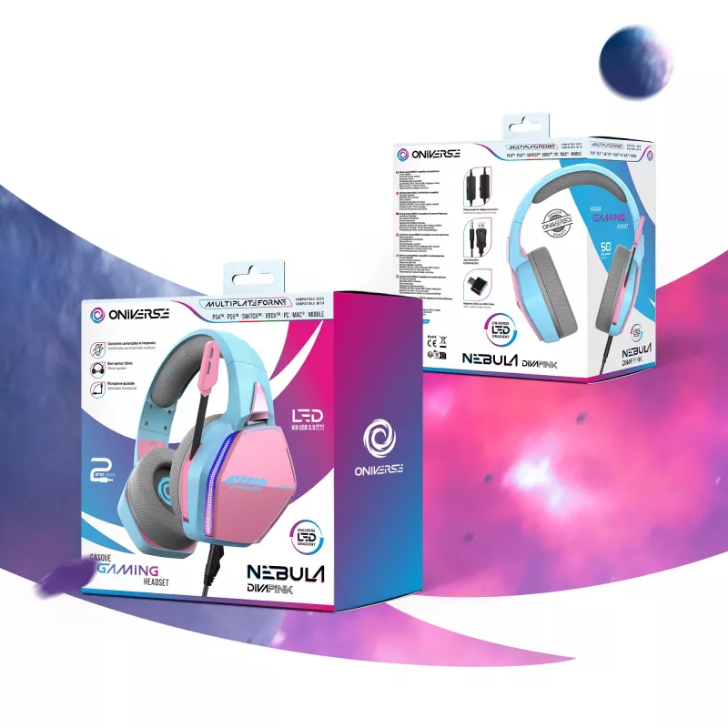 Oniverse Gaming Headset Nebula - Diva Pink (Multiplattform), Kabelgebunden, Gaming, 20 - 20000 Hz, 356 g, Headset, Cyan, Pink