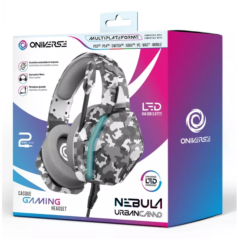 Oniverse Gaming-Headset Nebula - Urban Camo (Multiplattform), Kabelgebunden, 20 - 20000 Hz, Gaming, 356 g, Headset, Tarnmuster