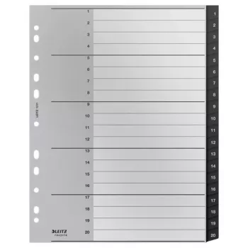 Leitz Recycle Index, PP, extrabreit, numerisches Tab-Register, Polypropylen (PP), Schwarz, Weiß, A4 Maxi, 160 g/m², 238 mm