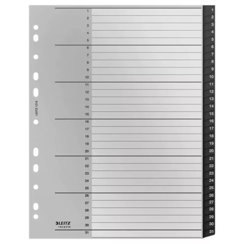 Leitz Recycle Index, PP, extrabreit, numerisches Tab-Register, Polypropylen (PP), Schwarz, Weiß, Hochformat, A4 Maxi, 160 g/m²