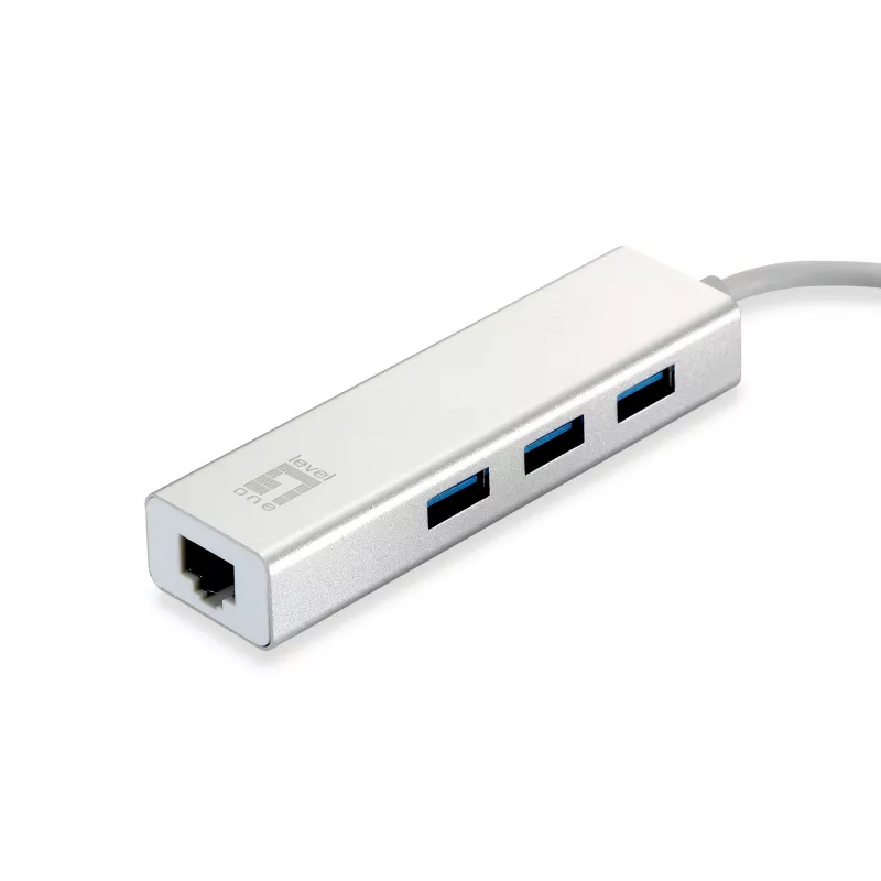 LevelOne Gigabit USB Netzwerkadapter, USB Hub, Kabelgebunden, USB, Ethernet, 1000 Mbit/s, Silber, Weiß