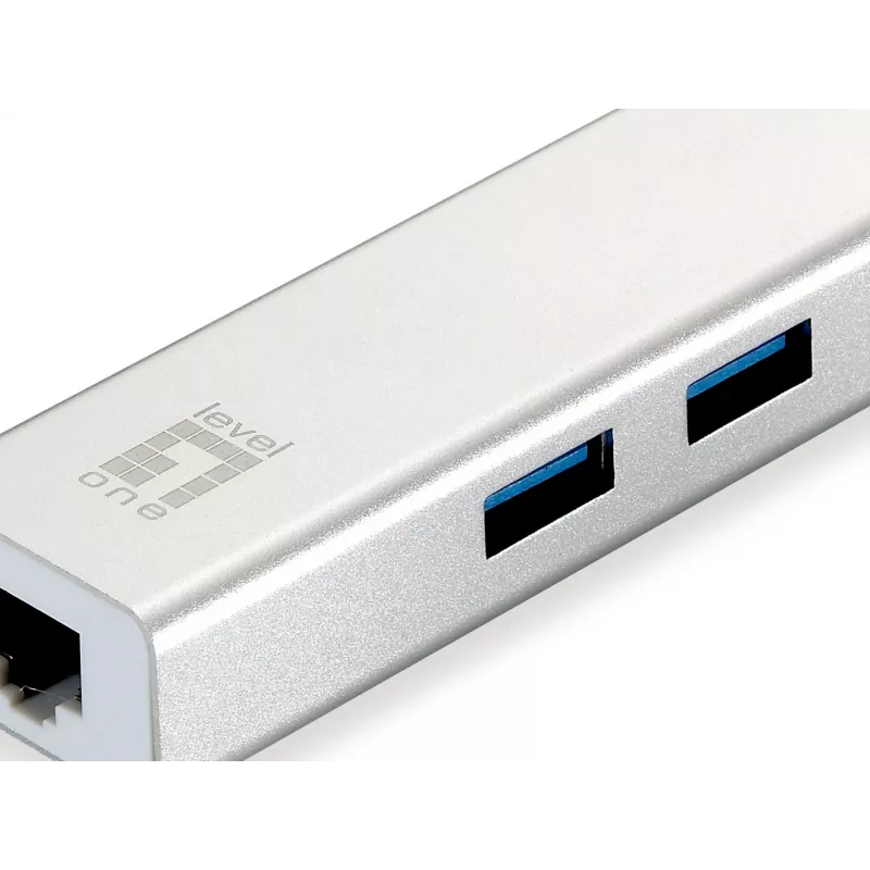 LevelOne Gigabit USB Netzwerkadapter, USB Hub, Kabelgebunden, USB, Ethernet, 1000 Mbit/s, Silber, Weiß
