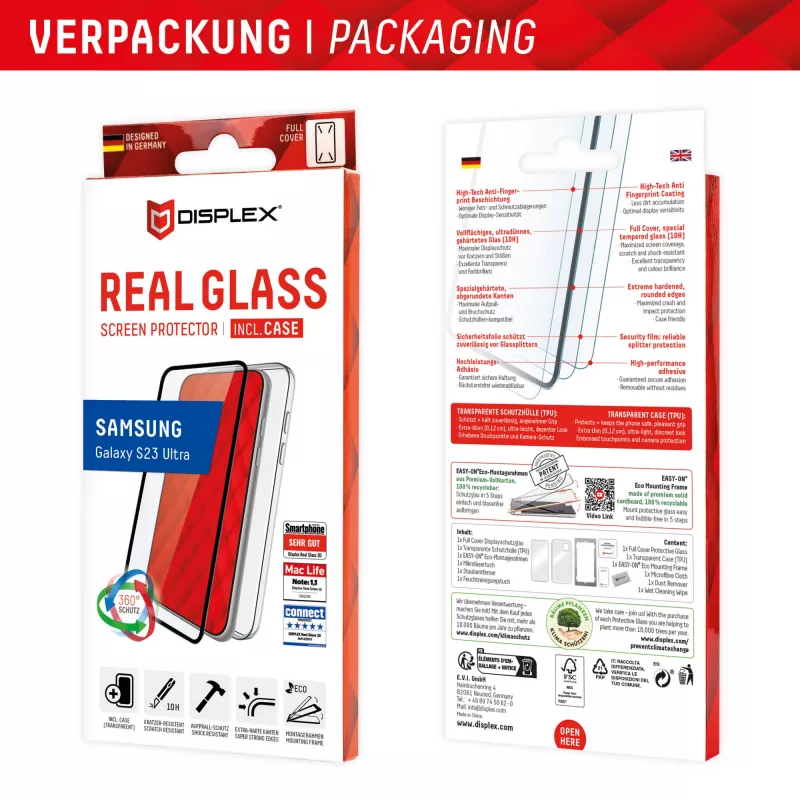 Displex Displayschutz + Hülle für Samsung Galaxy S23 Ultra, Eco-Montagerahmen, vollflächige Abdeckung