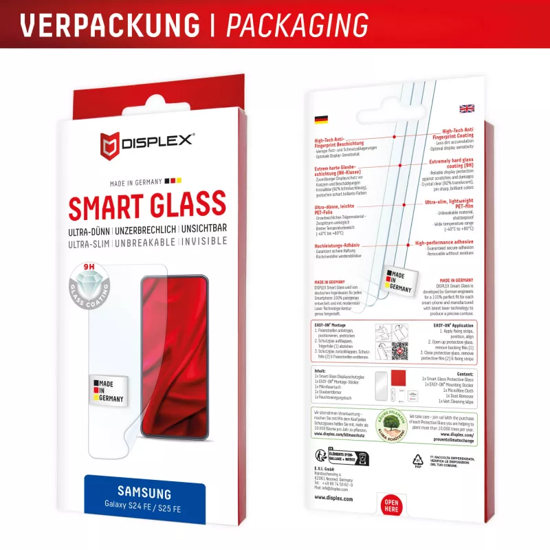 Displex Smart Glass (9H) für Samsung Galaxy S25 FE/S24 FE, Montageaufkleber, unzerbrechlich