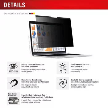 Blickschutzfilter e.v.i. Displex PRIVACY SAFE magnetisch 2-Wege für 16 Zoll (16:10) Laptop / Notebook, rahmenlos, glänzend/matt, 3H