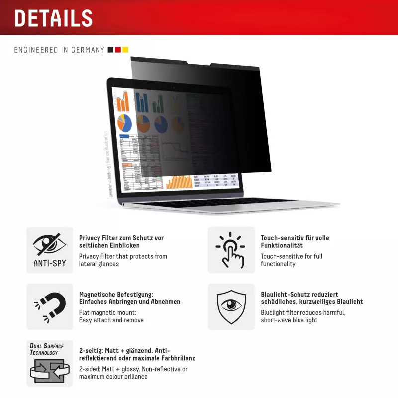 Blickschutzfilter e.v.i. Displex PRIVACY SAFE magnetisch 2-Wege für 16 Zoll (16:10) Laptop / Notebook, rahmenlos, glänzend/matt, 3H