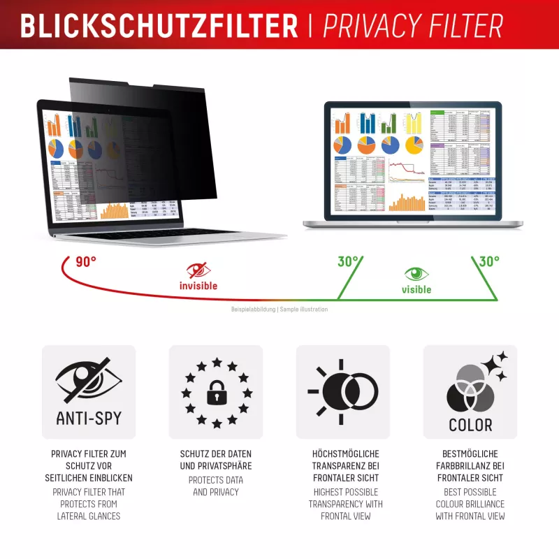 Blickschutzfilter e.v.i. Displex PRIVACY SAFE magnetisch 2-Wege für 16 Zoll (16:10) Laptop / Notebook, rahmenlos, glänzend/matt, 3H
