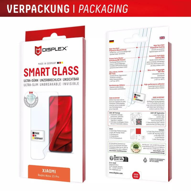 Tempered Smart Glass Displayschutz e.v.i. für Xiaomi Redmi Note 15 Pro (9H), Montageaufkleber, transparent, 1 Stück