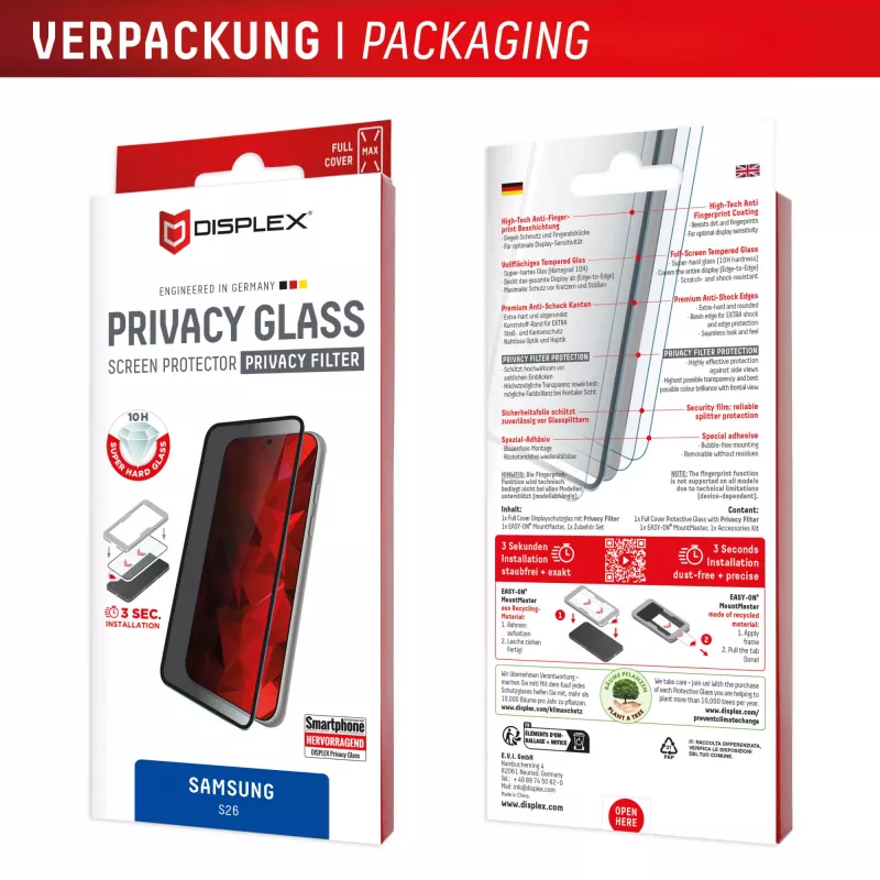 Displex Sichtschutz-Displayschutzglas (10H) für Samsung S26, Blickschutzfilter