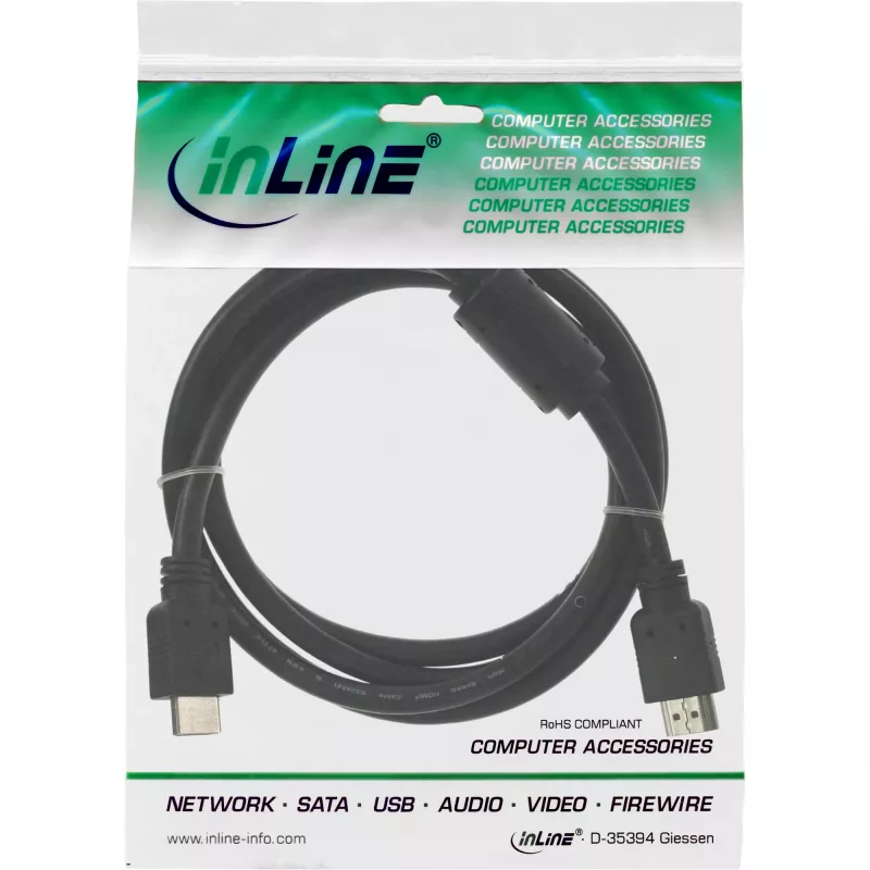 InLine HDMI-Kabel High Speed Stecker + Ferrit schwarz 1,8 m, 1,8 m, HDMI Typ A (Standard), HDMI Typ A (Standard), Schwarz