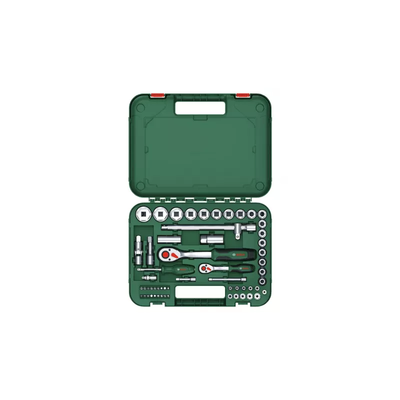Bosch 1600A02Z9G 1/2 + 1/4 Steckschlüsselsatz mit Ratsche, 56 Stk., Grün