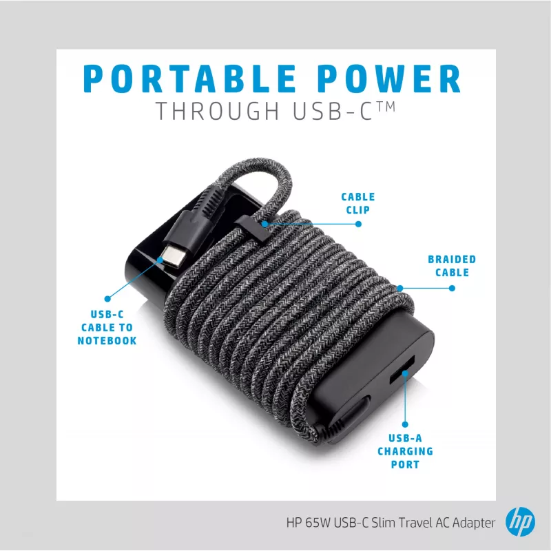 HP 65W USB-C schlank Travel-Netzteil, Laptop, Universal, 90 V, 47 - 63 Hz, 65 W, 20 V