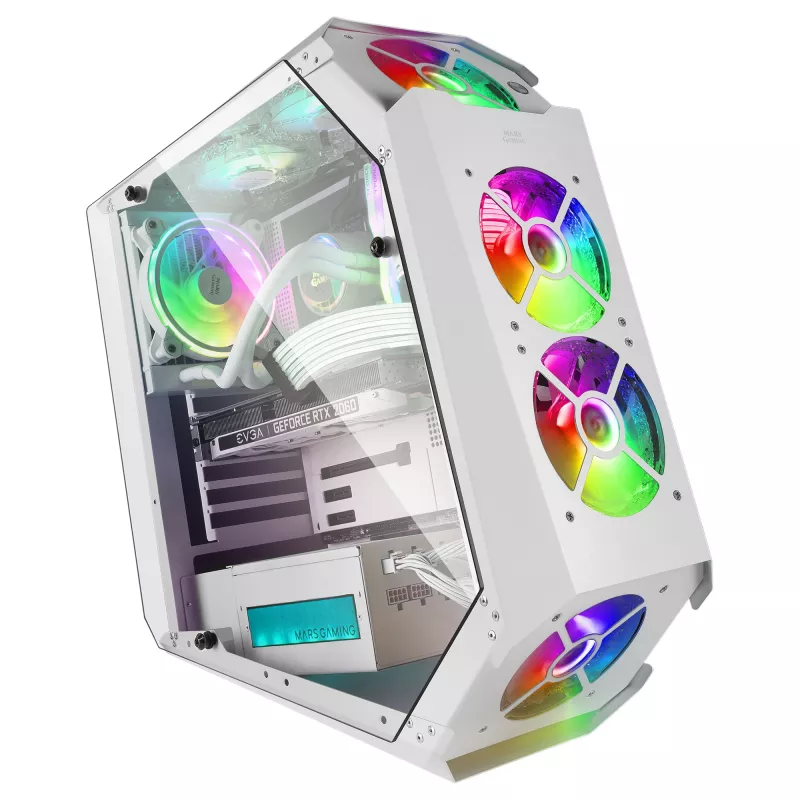 Mars Gaming MC51W Weiß PC-Gaming-ATX-Gehäuse mit doppeltem Hartglas, 5x RGB 12cm Lüfter