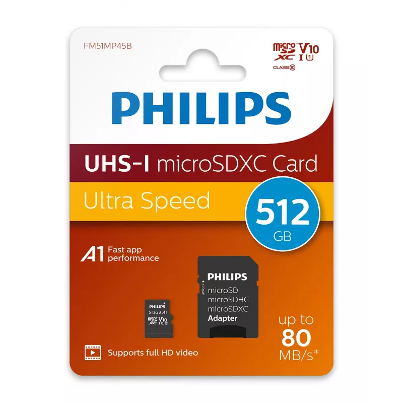 Philips FM51MP45B/00 microSDXC-Karte, 512 GB, Class 10, UHS-I U1, inkl. Adapter