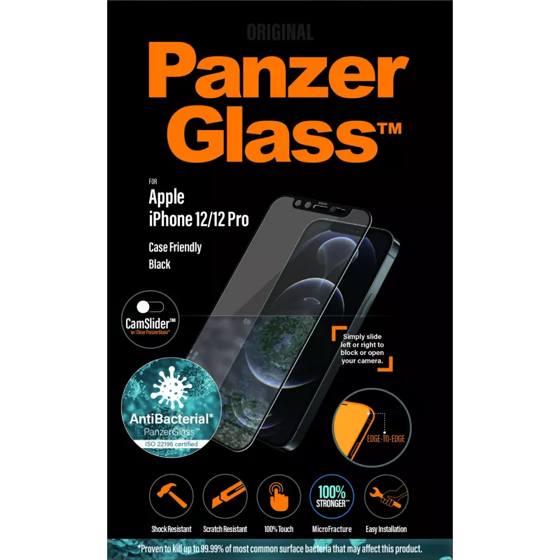PanzerGlass CamSlider Displayschutz für Apple iPhone 12 / 12 Pro — Randloses gehärtetes Glas, Transparent, 6,1 Zoll