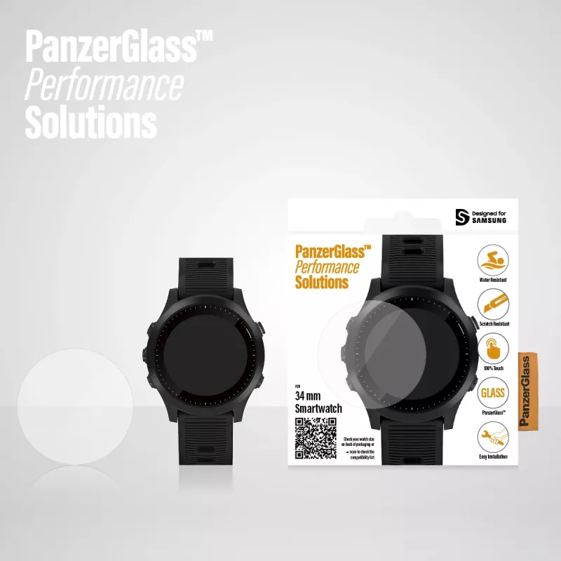 Bildschirmschutz PanzerGlass SmartWatch 34mm — gehärtetes Glas 34×34×0,51 mm, transparent