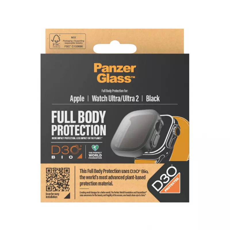 PanzerGlass ® Displayschutzfolie Full Body mit D3O® Apple Watch Ultra | 49mm | Schwarz