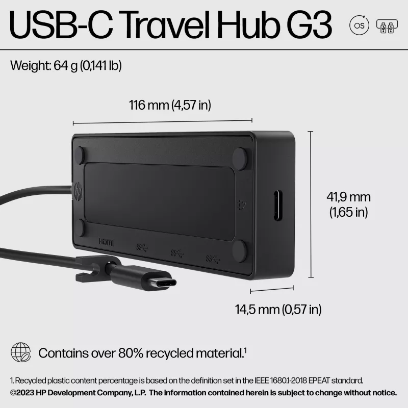USB-C Travel Hub G3 — HP, USB-3.2-Gen-2-Typ-C-Host, HDMI, USB-A, PD bis zu 65 W, 116×41,9×14,5 mm